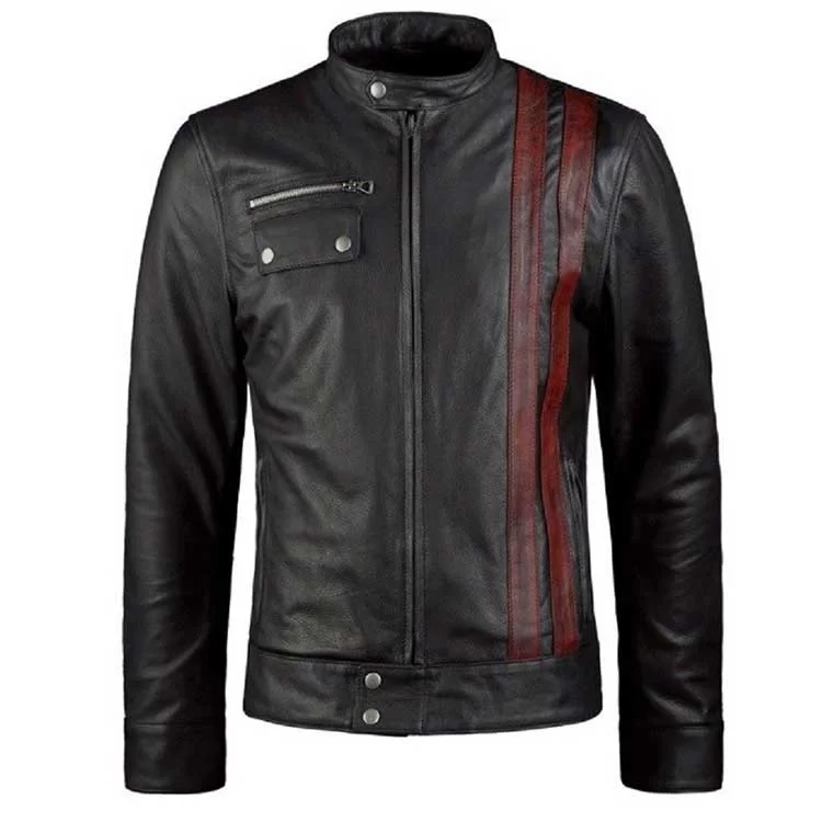 Black Leather Jacket With Red Stripes Front