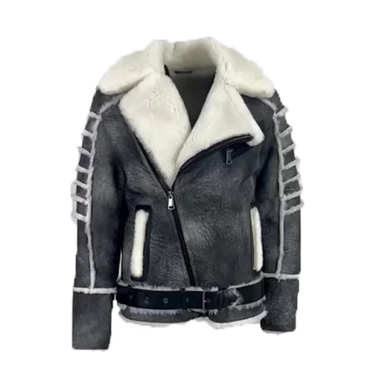 Distressed Grey Shearling Biker Jacket Front