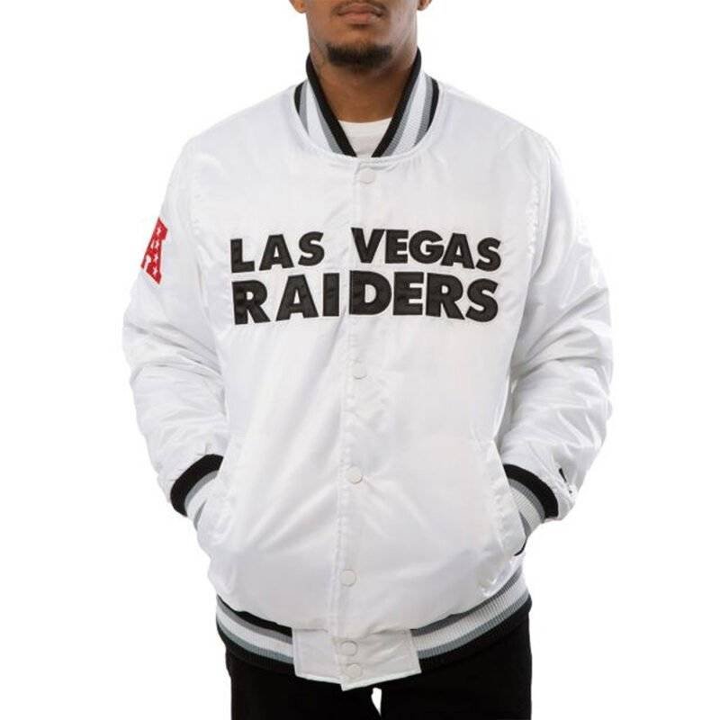 A Stars Las Vegas Raiders white satin jacket with embroidered team logo on the front.