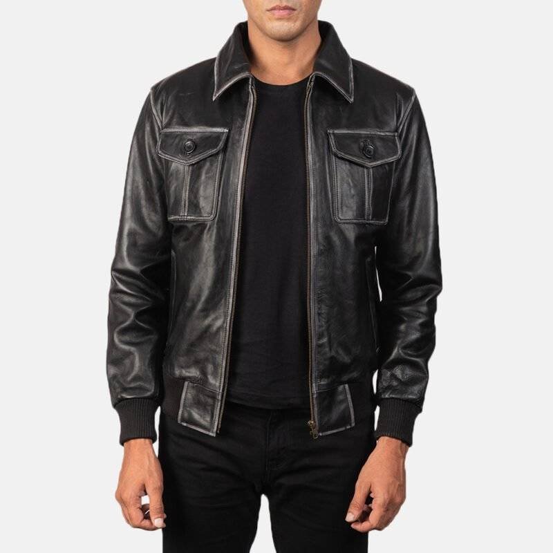 Aaron Black Leather Bomber Jacket Front View