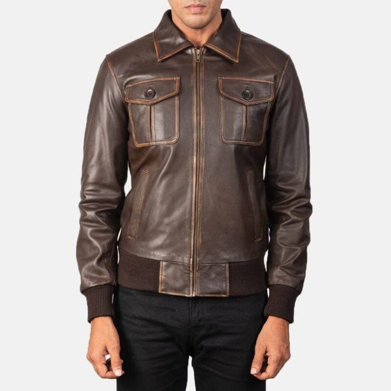 Model Wearing Aaron Brown Leather Bomber Jacket Front