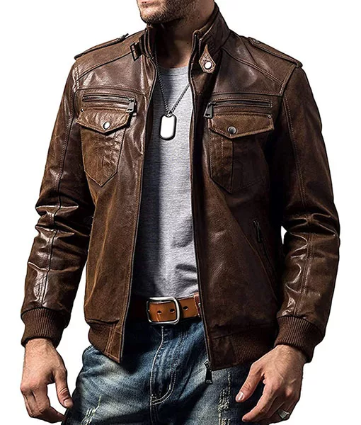 Model Wearing Adam Brown Motorcycle Leather Jacket - Front