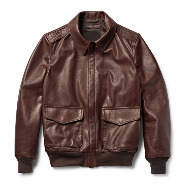 Men's Adam Spencer leather jacket in brown, featuring a snap tab collar, rib-knitted cuffs, and concealed button closure.