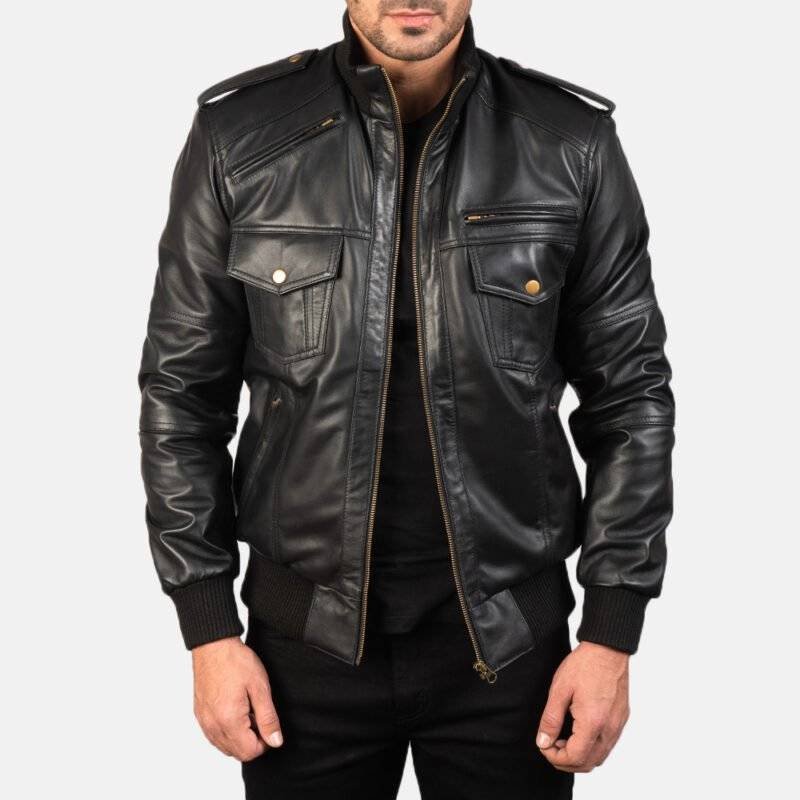 Model Wearing Agent Shadow Black Leather Bomber Jacket Front