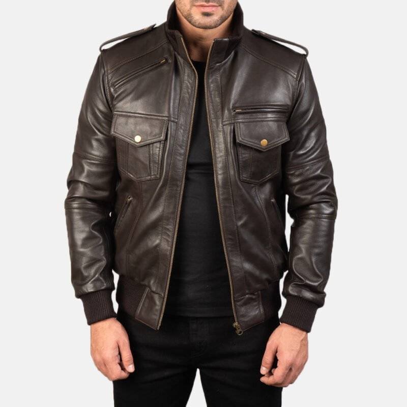 Model Wearing Agent Shadow Brown Leather Bomber Jacket Front