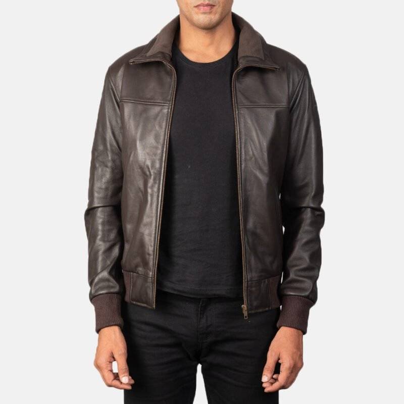 Model Wearing Air Rolf Brown Leather Bomber Jacket Front