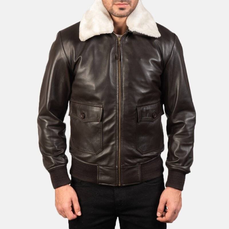 Model Wearing Airin Brown Leather Bomber Jacket Front