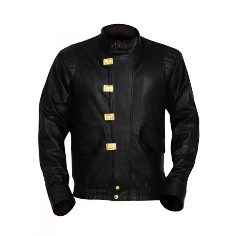 Akira Kaneda Capsule Black Jacket front view showcasing its sleek black leather design and bold red accents