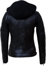 Back view of the American Classic Urban Motors black leather jacket, showcasing the sleek silhouette and zipper closure.