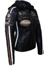 Right side view of the American Classic Urban Motors black leather jacket, highlighting the jacket's details and texture.