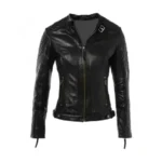 American skull bikers leather jacket with front zipper closure and skull detail.