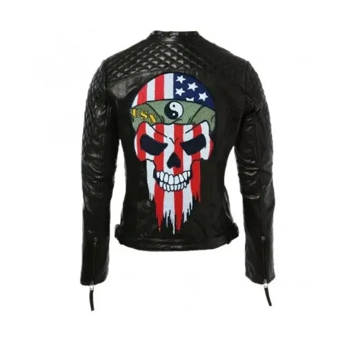 Back view of an American skull bikers leather jacket with skull detail and zippered pockets.