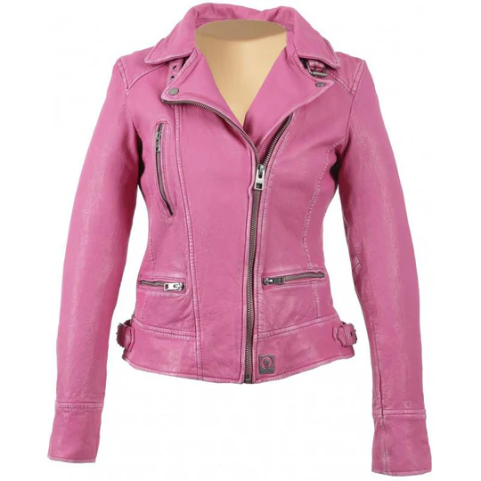 Front view of Anorahs Fuschia Biker Style Leather Jacket