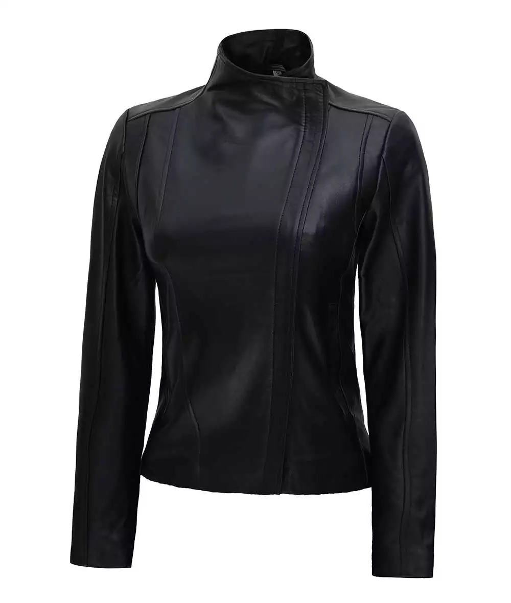 Front view of Arezoo womens black real leather jacket