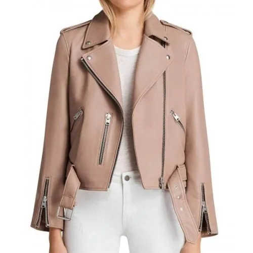 Willa Holland wearing a pink leather jacket from Arrow Season 5, featuring a zippered closure and front pockets.