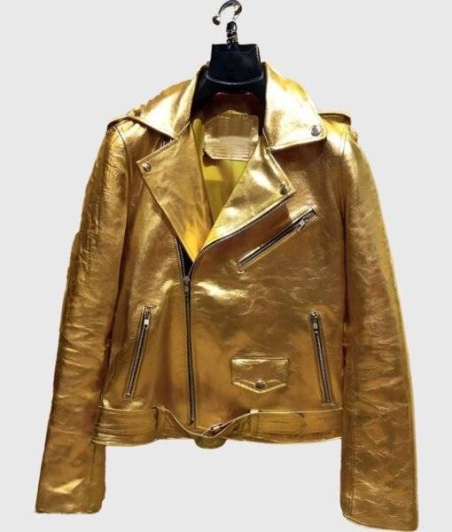 Front view of Asymmetrical Bikers Gold Leather Jacket