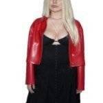 "Close-up of Ava Max stylish leather jacket fabric showing high-quality leather texture."