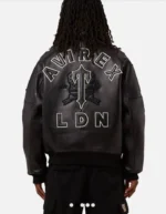 Model in Avirex Trapstar Black Leather Jacket Back