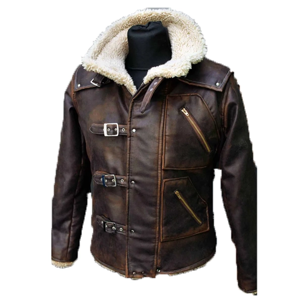 Left side view of the BJ Blazkowicz Wolfenstein New Order shearling jacket with slanted zipper pockets.