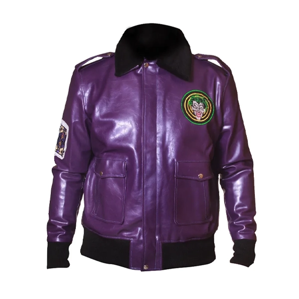 Batman Joker Goon Purple Bomber Jacket inspired by the Joker Goon from Batman, featuring a faux fur collar and ribbed cuffs.