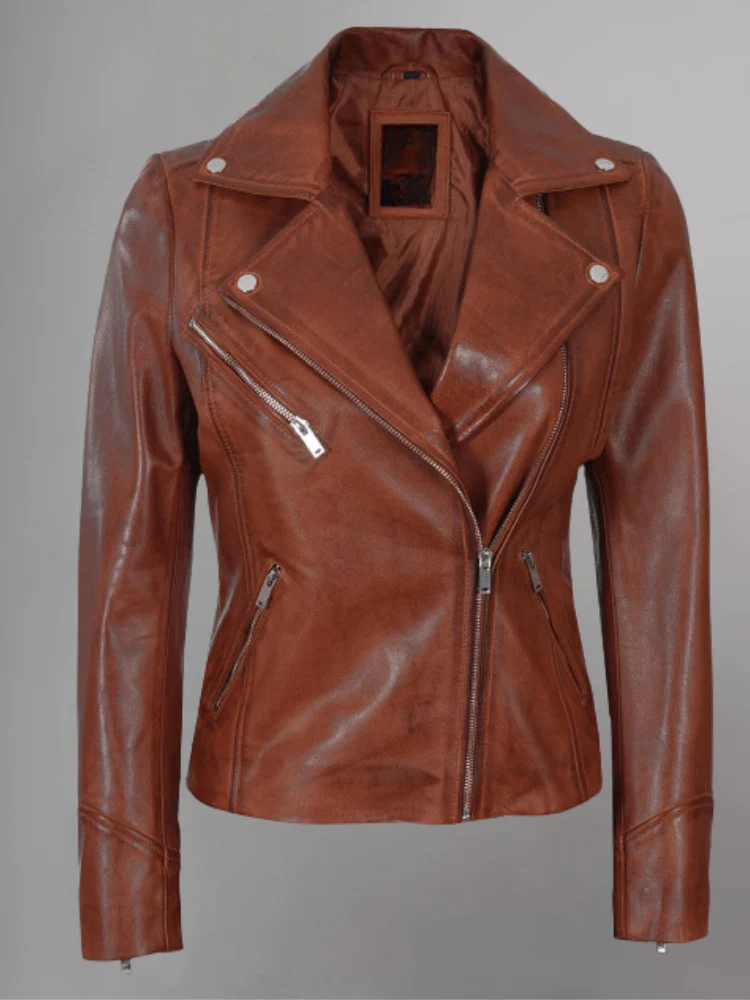 Front view of Biker Asymmetrical Ladies Leather Jacket