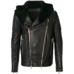 Front view of biker jacket with fur hoodie