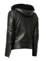 Back view of biker jacket with fur hoodie