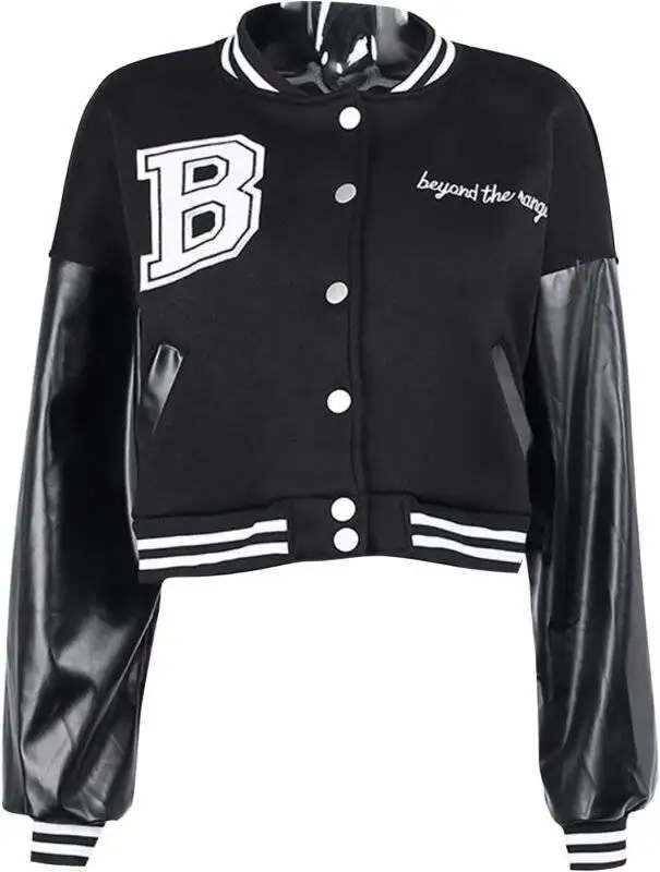 Black Crop Varsity Jacket Front