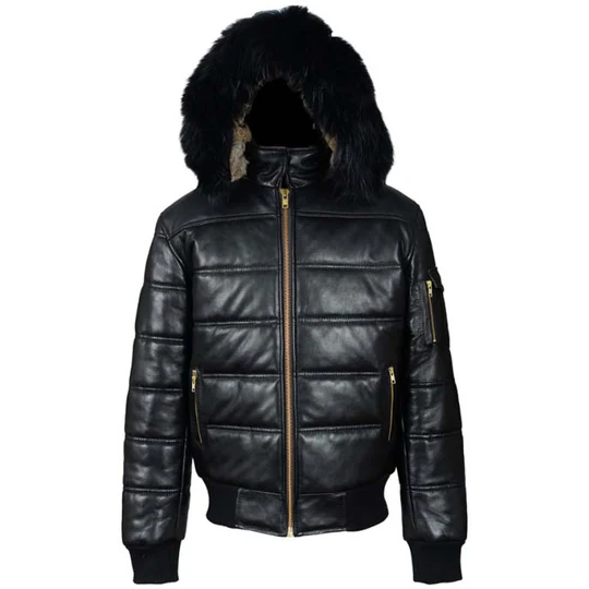 Front view of black hooded puffer leather jacket with fur trim