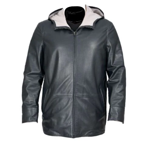 Front view of black hooded leather jacket