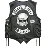 Back view of the Black Label Society BLS black leather biker vest, showcasing the button closure and back panel.