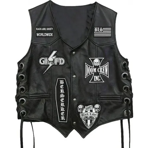 Black Label Society BLS black leather biker vest with button closure and front pockets