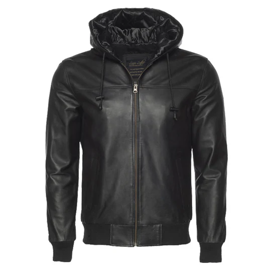 Front view of Black Leather Jacket Hoodie