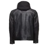 Back view of black leather jacket with removable hoodie