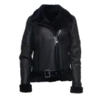 Front view of Black Sheepskin Shearling Bomber Jacket