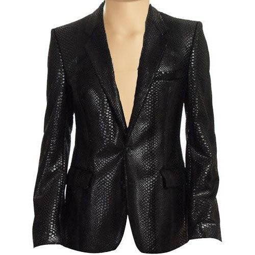 Black Snake Print Leather Blazer front view featuring a stylish snake skin pattern and sleek design.