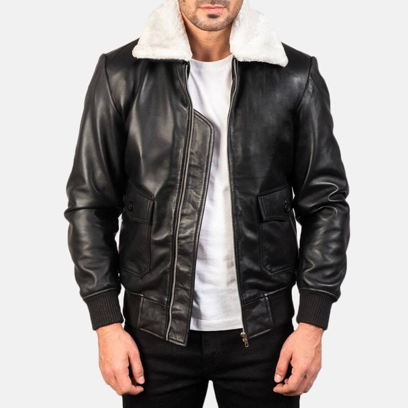 Model Wearing Black & White Leather Bomber Jacket Front