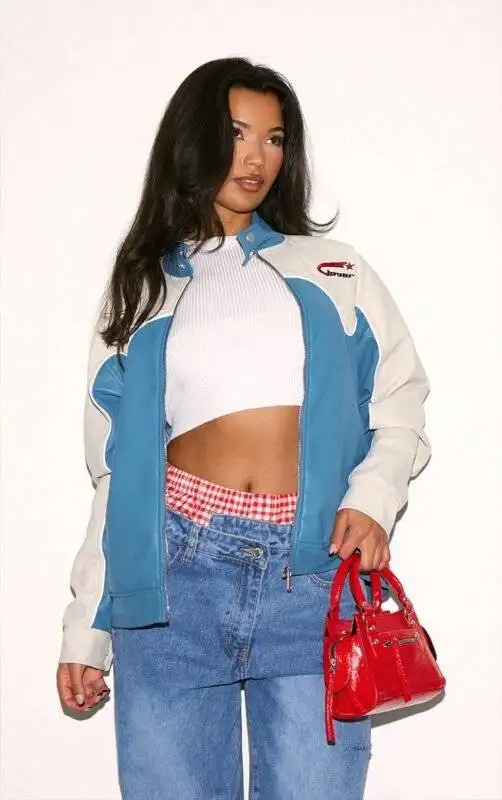 Blue Worn Faux Leather Contrast Panel Oversized Jacket with contrast panels.