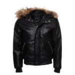 Front view of bomber leather jacket with fur hoodie