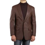 "Model wearing Brown Leather Blazer front view, styled for a sophisticated look."