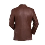 "Model wearing Brown Leather Blazer back view, highlighting the blazer’s smooth fit and elegant design."