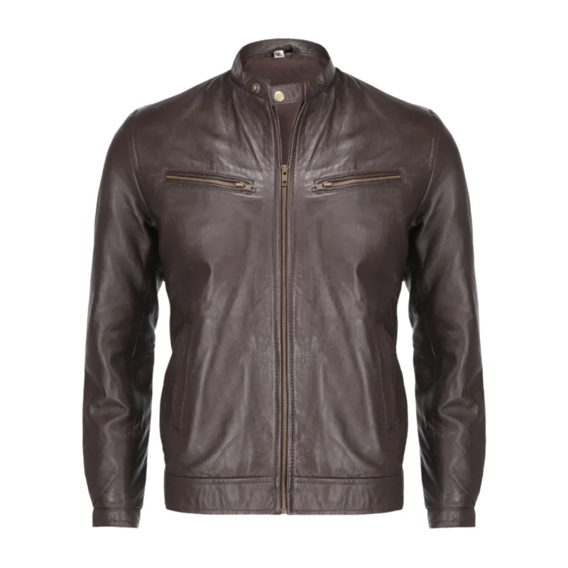 Front view of brown mens pure sheep leather zipper jacket