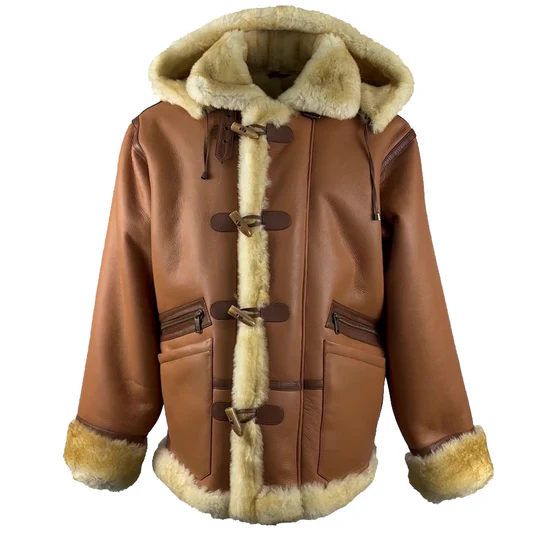 Front view of brown shearling duffle coat