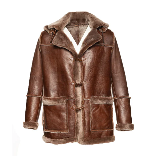 Front view of brown duffle shearling jacket