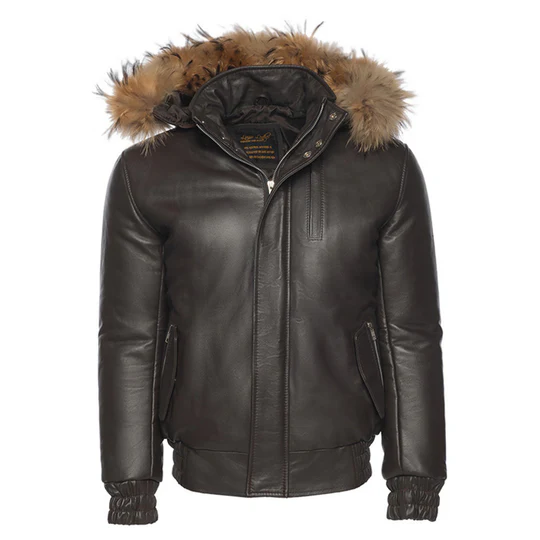 Front view of brown winter leather jacket with hoodie