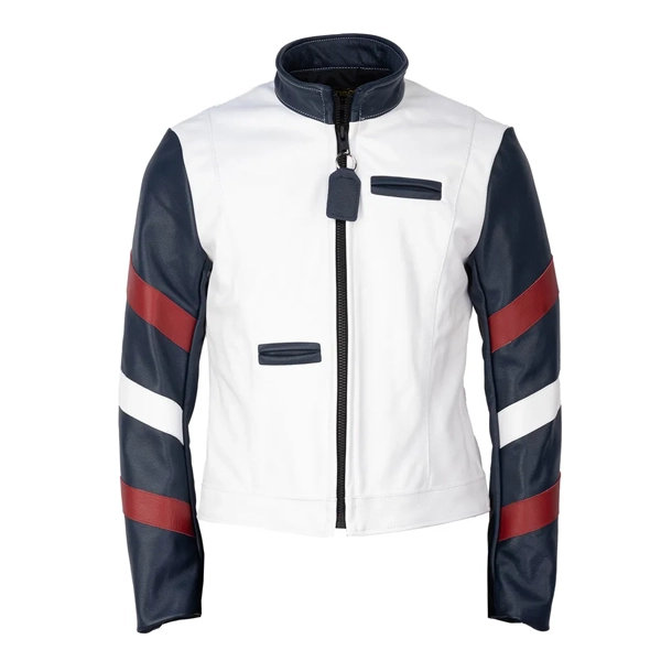 Bruce Lee navy and white leather jacket with a round neckline and YKK zipper closure.