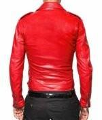 Model Wearing Bulky Red Biker Leather Jacket - Back