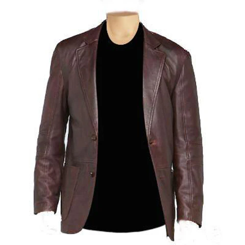 "Burnished Brown Leather Blazer front view showcasing its vintage-inspired color and classic cut."