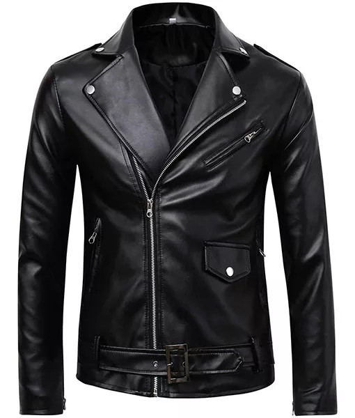 Front view of Buston Black Shining Leather Jacket