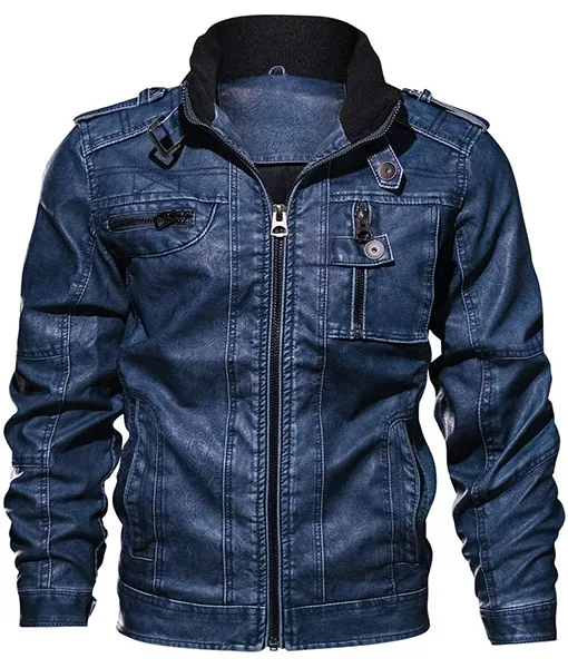 Front view of Butler Classic Blue Leather Jacket